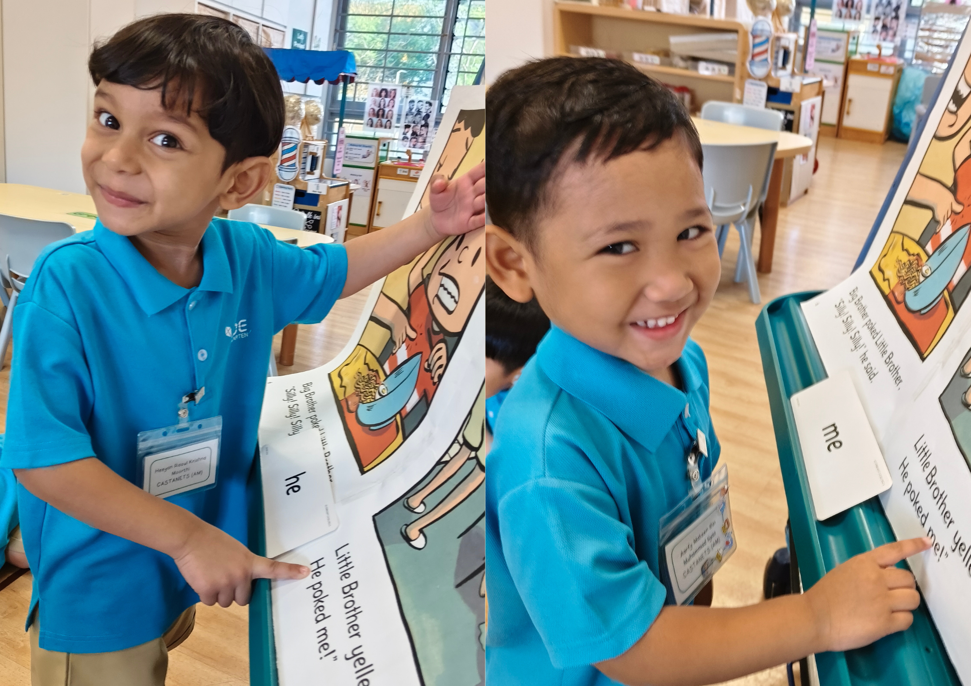 Two children are matching sight words to the word in the book